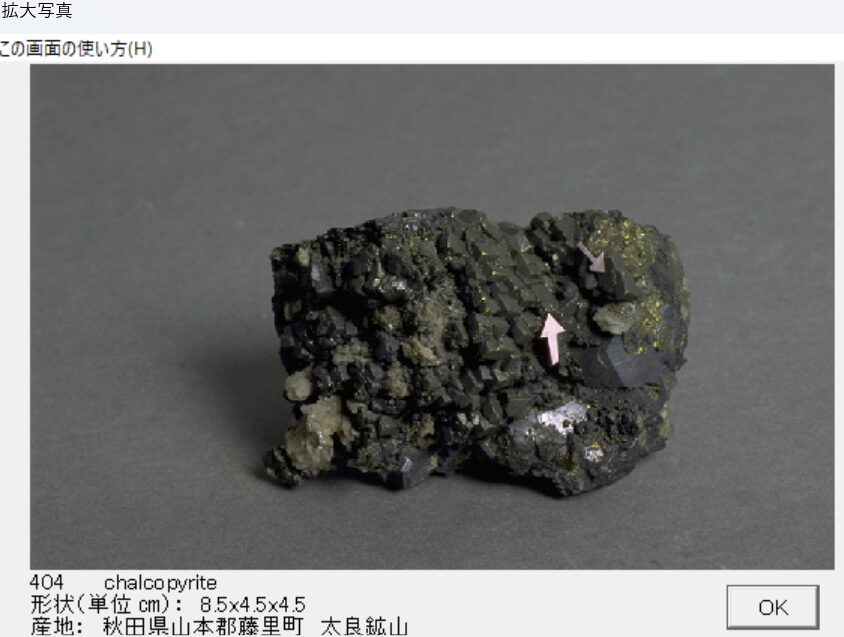 黄銅鉱　秋田県山本郡藤里町　太良鉱山 出典：本邦鉱物標本　